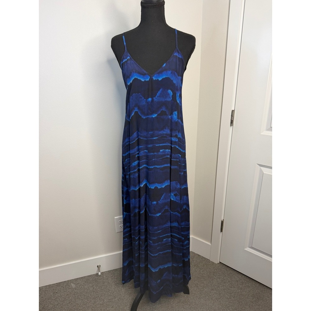 Cinnamon 100% Silk Blue Abstract Tie Dye Maxi Dress Racerback V-Neck Small